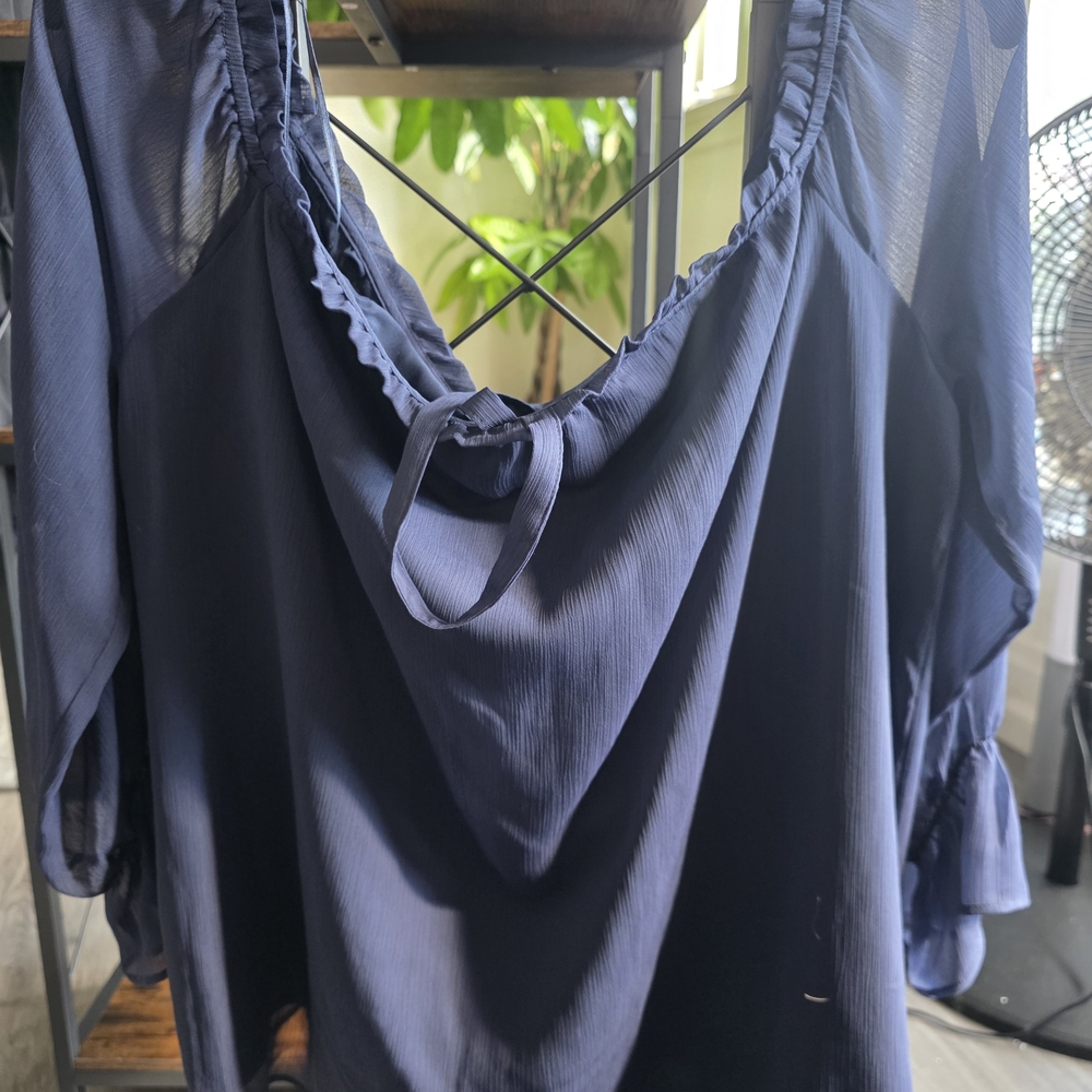 Navy Blue Sheer Blouse with Crisscross Back